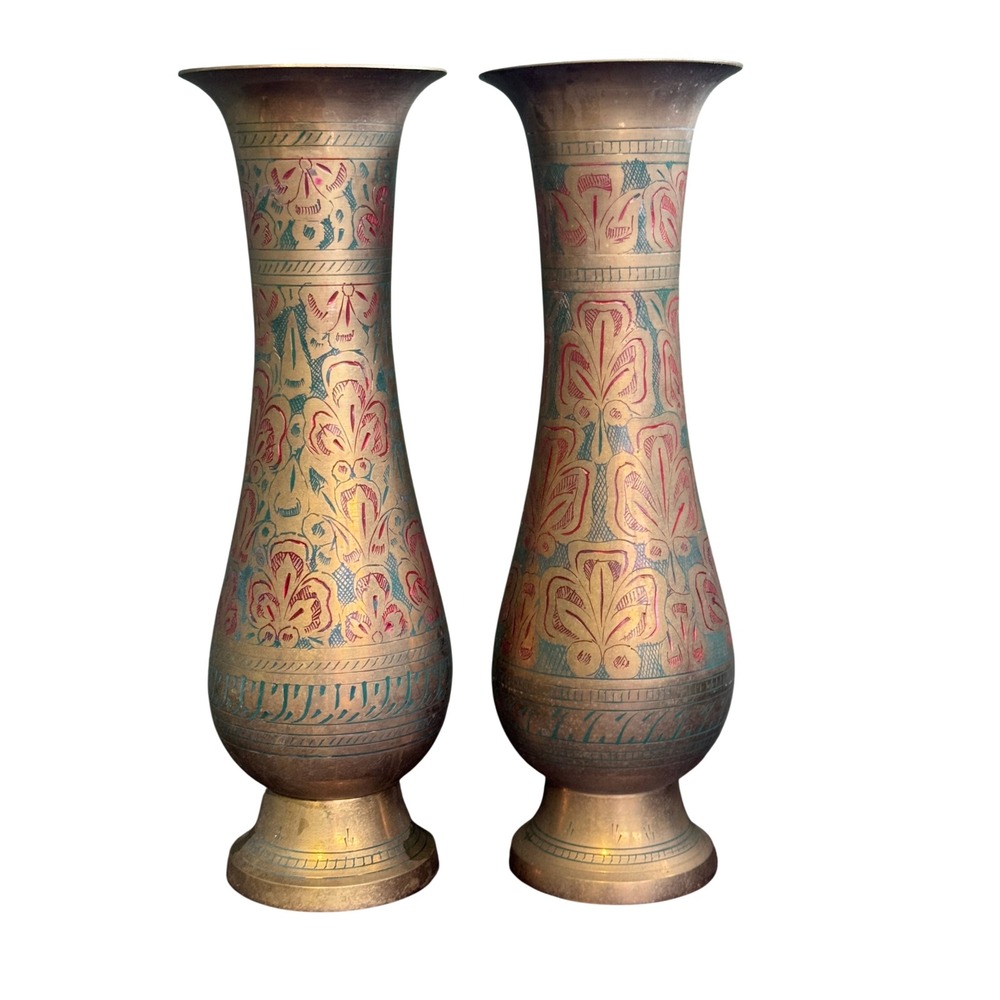 Vintage Etched Brass Bud Vases Pair Floral Enamel Inlay Made in India Boho Decor